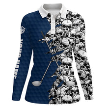 Load image into Gallery viewer, Womens golf polo shirts custom blue pattern skull golf clubs, skull golf performance shirts NQS6237