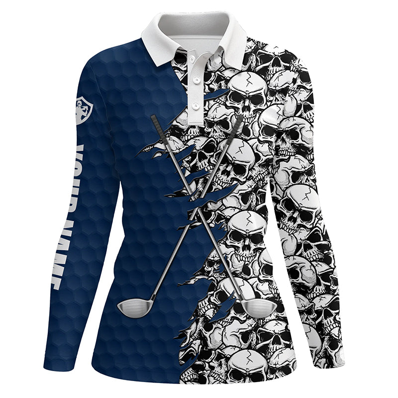 Womens golf polo shirts custom blue pattern skull golf clubs, skull golf performance shirts NQS6237