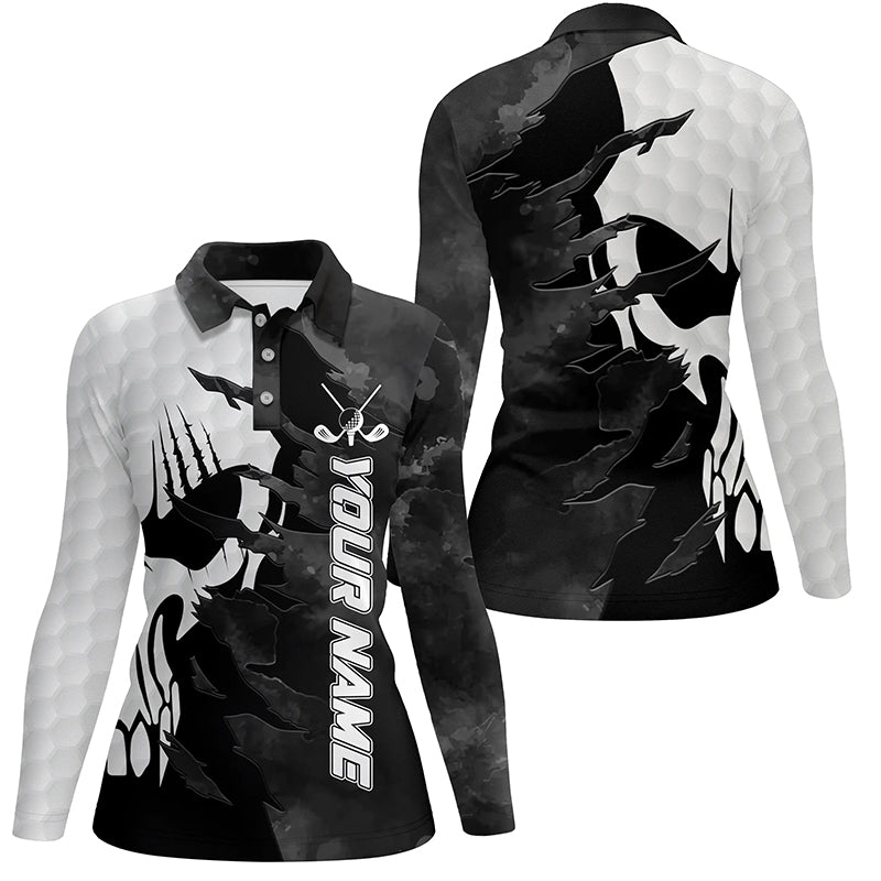 Black and white Womens golf polo shirts custom golf skull shirts for ladies, personalized golf gifts NQS6238