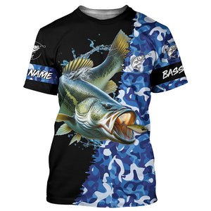 Largemouth bass Fishing blue sea camo UV protection customize name long sleeves shirts fishing apparel NQS2309