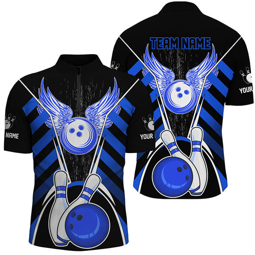 Black and Blue Bowling Shirts For Men Custom Bowling Team League Jerseys, Gift For Bowlers NQS8808