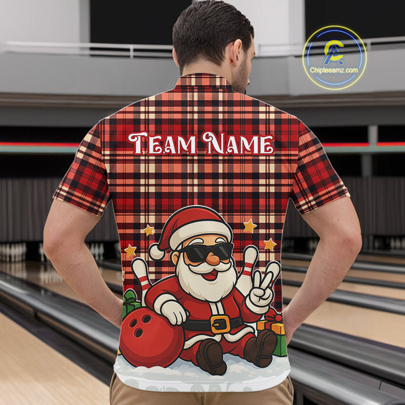 Funny Santa Christmas Bowling Polo, Quarter Zip shirts for men Custom Red Plaid bowling jerseys men NQS10957