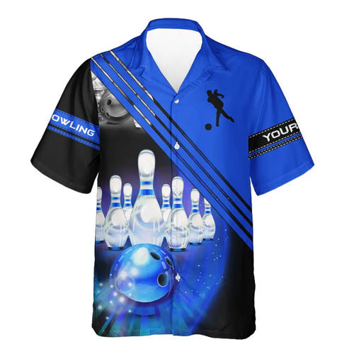 Custom hawaiian bowling shirts bowling ball and pins team shirt, button up bowling shirts | Blue NQS4452