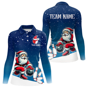 Christmas Santa Bowling Polo, Quarter Zip Shirt For Women Custom Christmas Bowling Team Jersey | Blue NQS9054