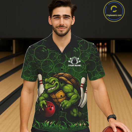 Black and Green Camo Funny Turtle Bowling Hawaiian Shirt Custom Team Bowling Button up shirt NQS11337