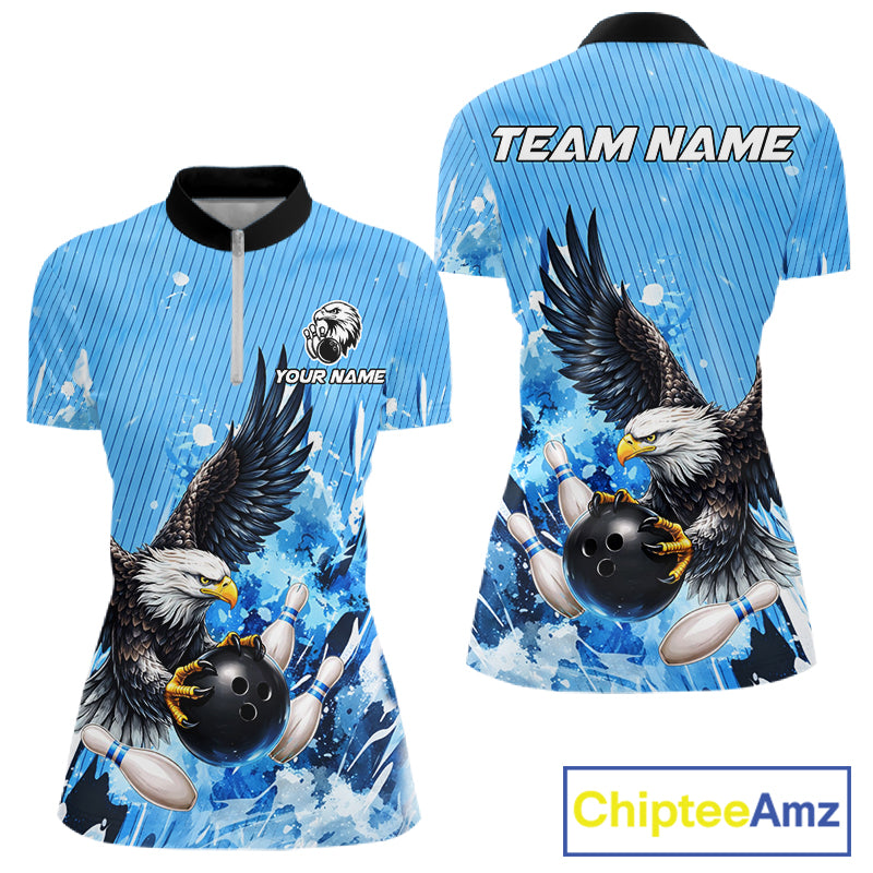 Blue Eagle Bowling Polo, Quarter Zip Shirt For Women Custom Team Bowling jerseys, Gift For Bowlers NQS11339