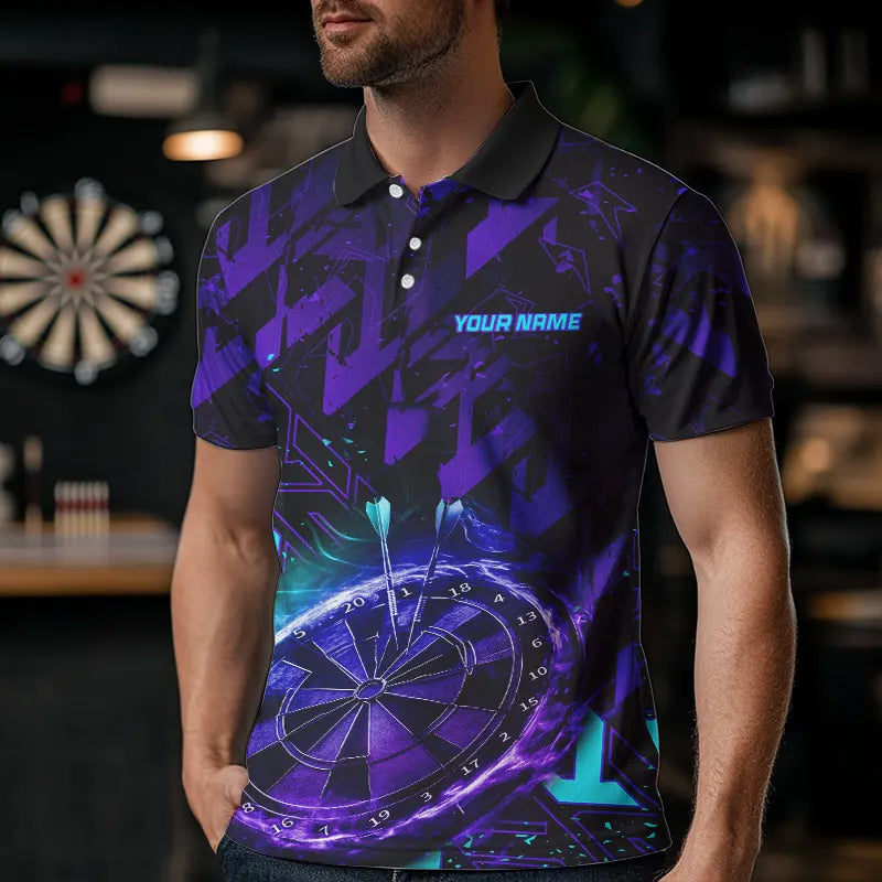Men Darts Polo, Quarter Zip shirts Custom purple blue abstract Darts Team Jerseys, Darts gifts NQS9449