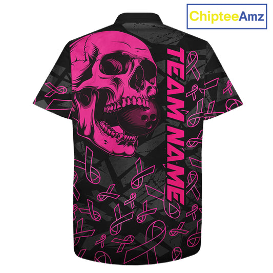 Black Skull camo pink ribbon pattern breast cancer bowling Hawaiian Shirt custom bowling team jersey NQS11549