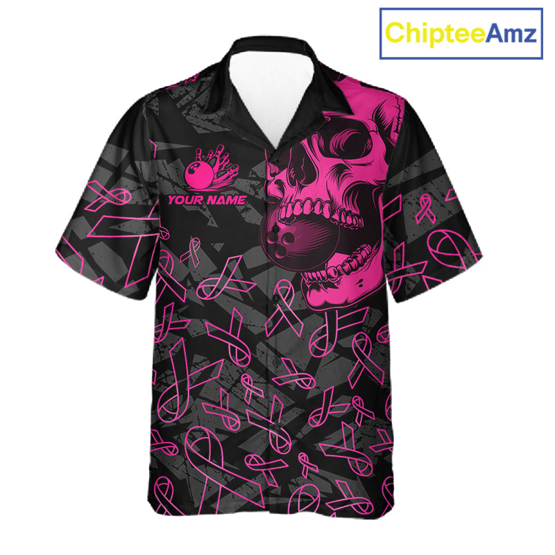 Black Skull camo pink ribbon pattern breast cancer bowling Hawaiian Shirt custom bowling team jersey NQS11549