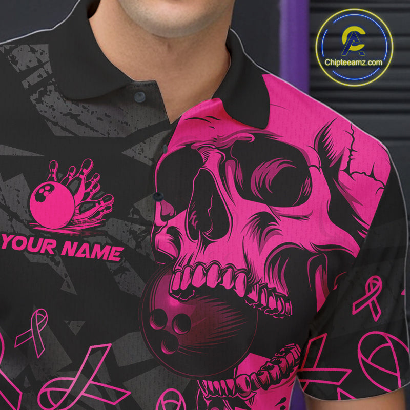 Black Skull camo pink ribbons pattern breast cancer bowling shirt for men custom bowling team jerseys NQS11549