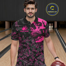 Load image into Gallery viewer, Black Skull camo pink ribbons pattern breast cancer bowling shirt for men custom bowling team jerseys NQS11549