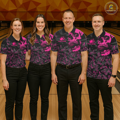 Black Skull camo pink ribbon pattern breast cancer bowling shirt for Women custom bowling team jersey NQS11549