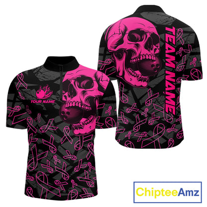 Black Skull camo pink ribbons pattern breast cancer bowling shirt for men custom bowling team jerseys NQS11549