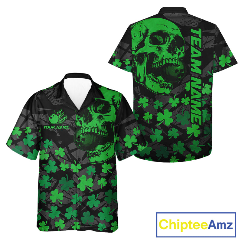 Black Skull camo Green Shamrock pattern St Patrick bowling Hawaiian Shirt custom bowling team jersey NQS11550