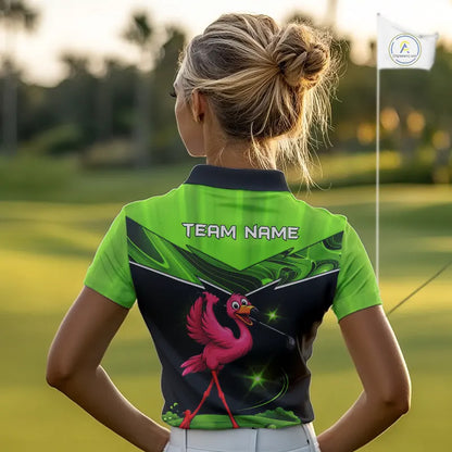 Funny Flamingo Green Women Golf Polo Shirts Custom Flamingo Team ladies golf tops, funny golf gifts NQS11675