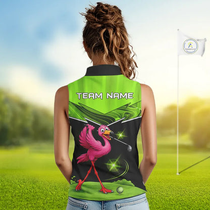 Funny Flamingo Green Sleeveless Golf Shirt Custom Flamingo Team ladies golf tops, funny golf gifts NQS11675