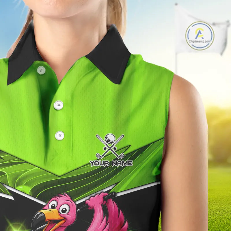 Funny Flamingo Green Sleeveless Golf Shirt Custom Flamingo Team ladies golf tops, funny golf gifts NQS11675