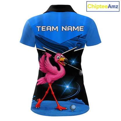Funny Flamingo Blue Women Golf Polo Shirts Custom Flamingo Team ladies golf tops, funny golf gifts NQS11676