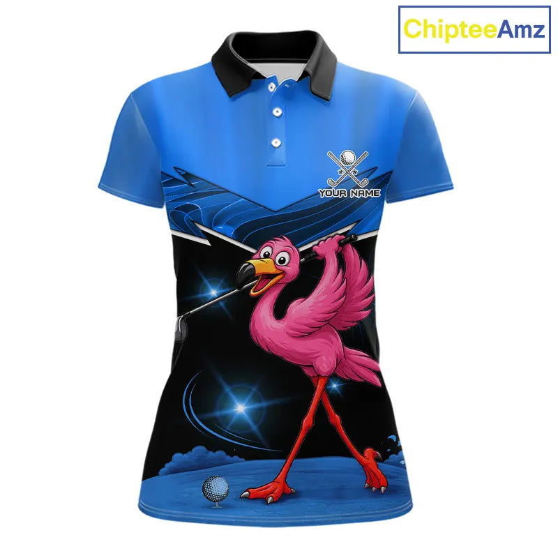 Funny Flamingo Blue Women Golf Polo Shirts Custom Flamingo Team ladies golf tops, funny golf gifts NQS11676