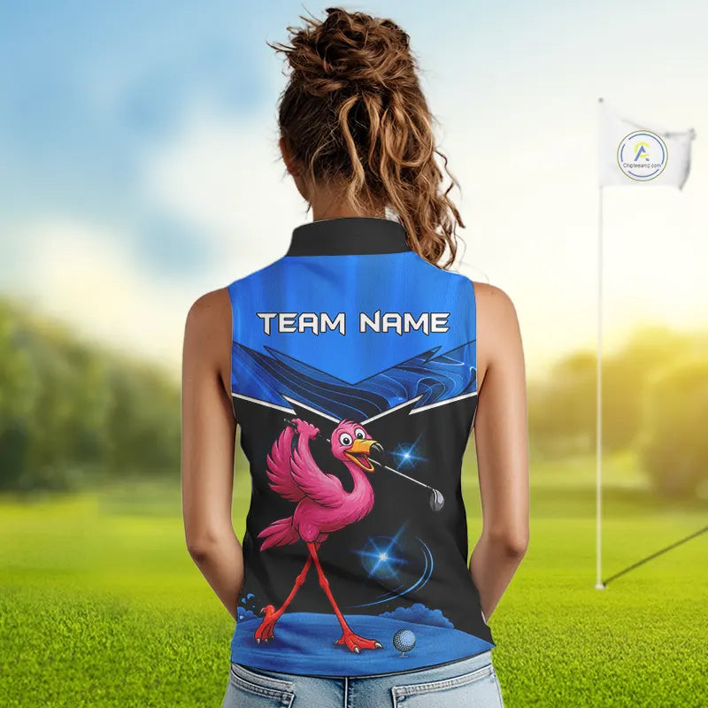 Funny Flamingo Blue Sleeveless Golf Shirt Custom Flamingo Team ladies golf tops, funny golf gifts NQS11676