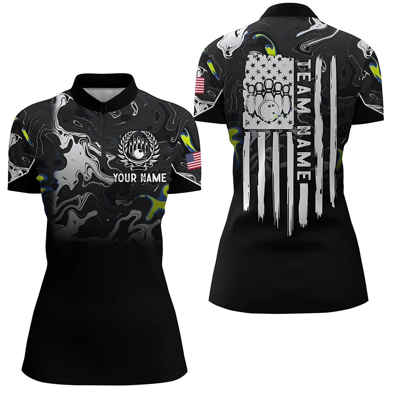 Black white camo Women bowling Quarter Zip shirt Custom American flag patriotic bowling team jerseys NQS7367