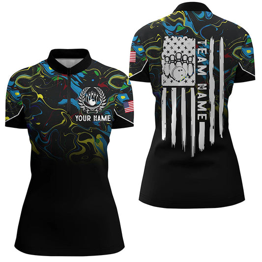 Colorful camo Women bowling Quarter Zip shirt Custom American flag patriotic bowling team jerseys NQS7368