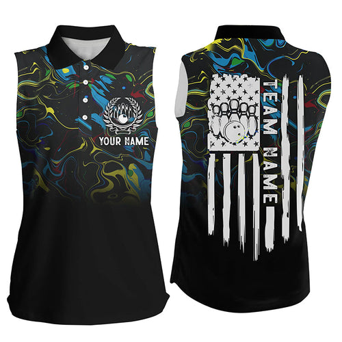 Colorful camo Women sleeveless polo shirts Custom American flag patriotic bowling team jerseys NQS7368