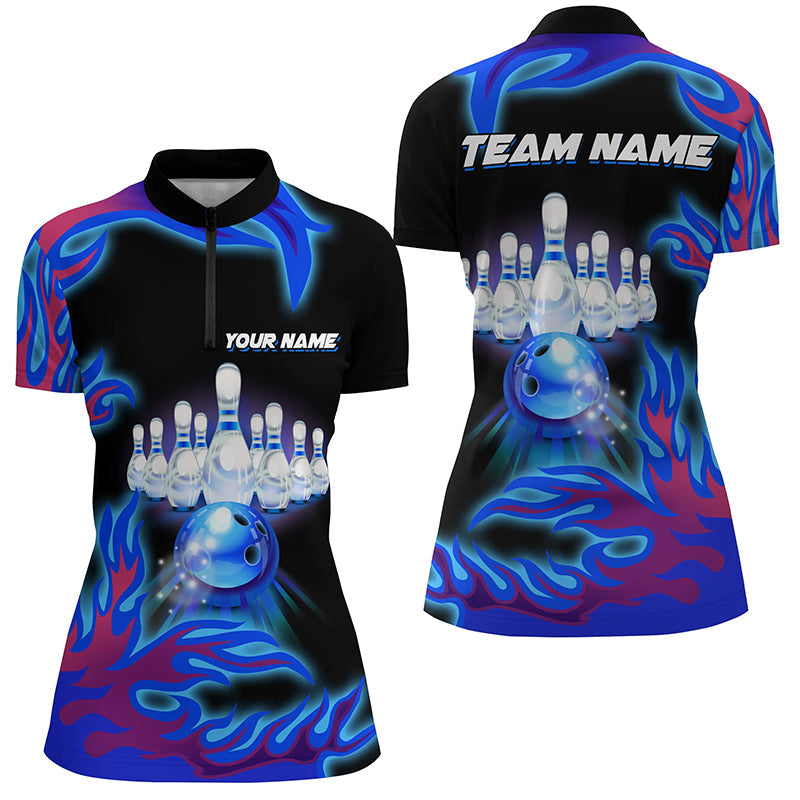 Personalized Blue Flame Bowling Team Jerseys, Women Quarter Zip Shirts Bowling League, bowling gifts NQS7371