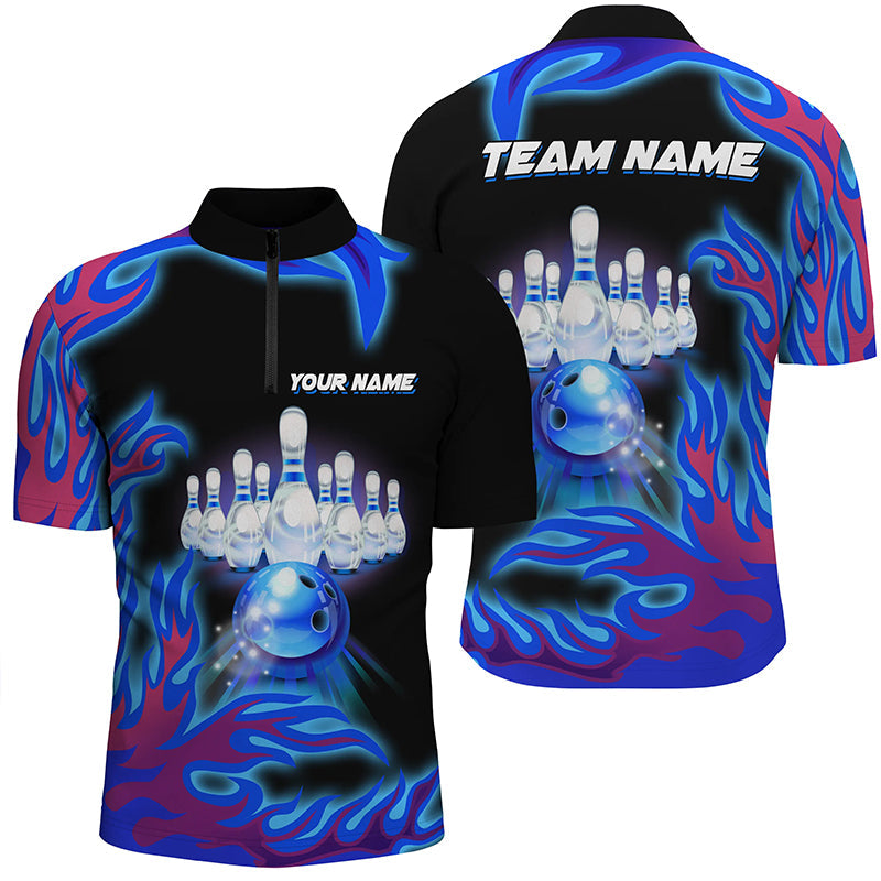 Personalized Blue Flame Bowling Team Jerseys, Men's bowling Quarter Zip shirts Bowling League NQS7371