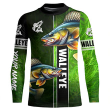 Load image into Gallery viewer, Walleye Fishing green camo Customize Name Long Sleeve Fishing Shirts, fishing gift for men, women, kid NQS1726