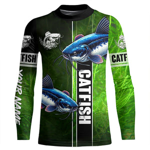 Catfish Fishing green Customize Name Long Sleeve Fishing Shirts, fishing gifts for men, women, kid NQS1728