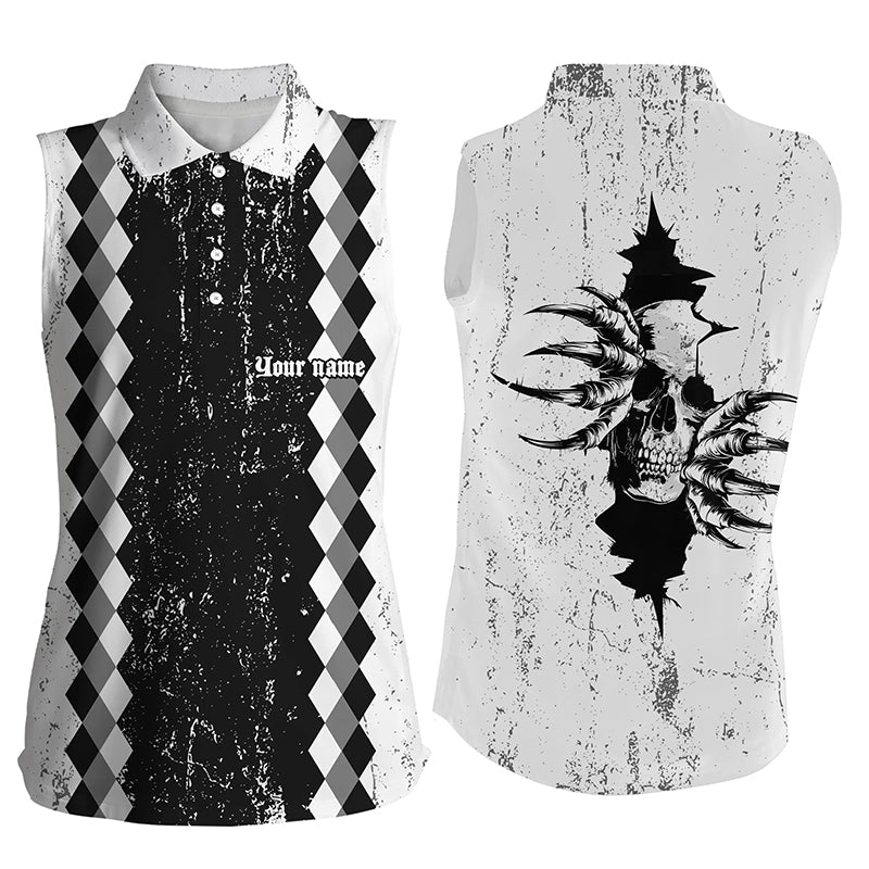 Womens sleeveless polo shirts custom black and white grunge argyle pattern skull golf outfit for ladie NQS7698