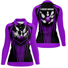 Load image into Gallery viewer, Women Bowling Polo, Quarter Zip Shirts custom Purple and black Bowling Ball and Pins bowling jerseys NQS8136