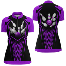 Load image into Gallery viewer, Women Bowling Polo, Quarter Zip Shirts custom Purple and black Bowling Ball and Pins bowling jerseys NQS8136