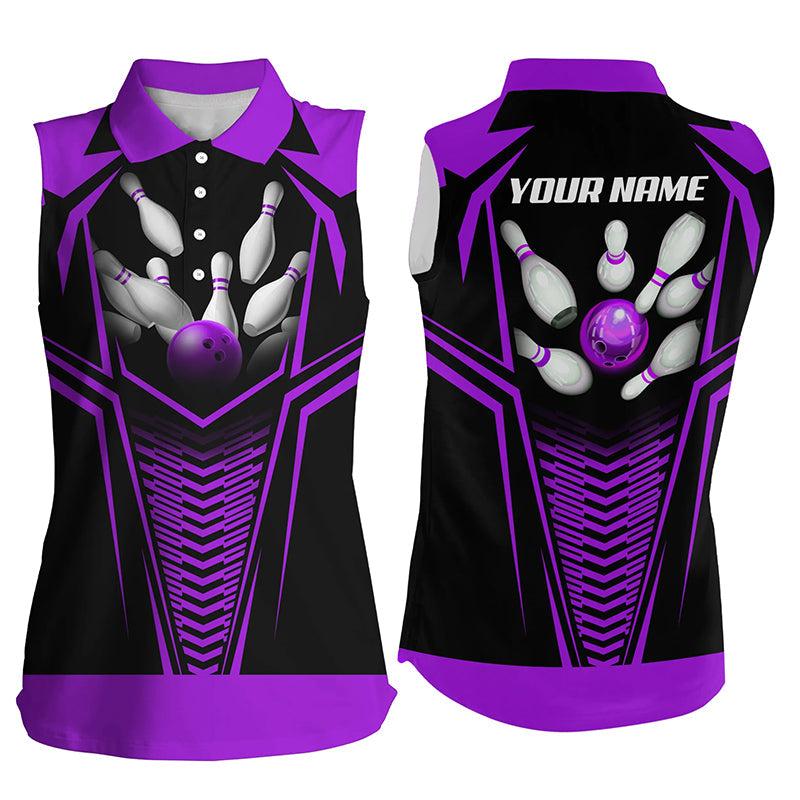 Women Bowling Sleeveless Polo Shirts custom Purple and black Bowling Ball and Pins bowling jerseys NQS8136
