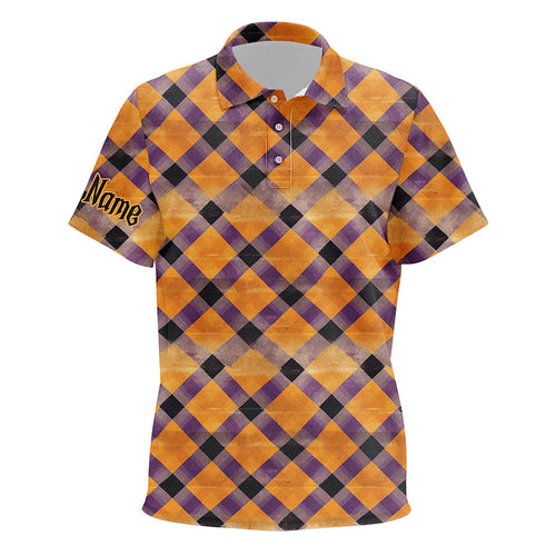 Kid golf polo shirts custom purple and orange Halloween argyle pattern golf apparel for kid NQS8139