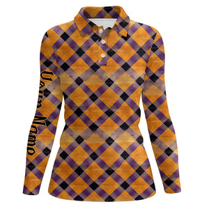 Womens golf polo shirts custom purple and orange Halloween argyle pattern golf apparel for ladies NQS8139