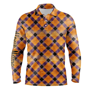 Mens golf polo shirts custom purple and orange Halloween argyle pattern golf apparel for men NQS8139