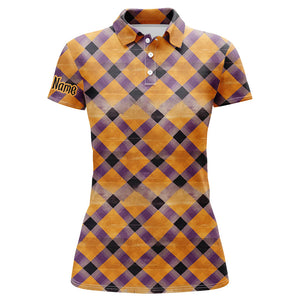 Womens golf polo shirts custom purple and orange Halloween argyle pattern golf apparel for ladies NQS8139