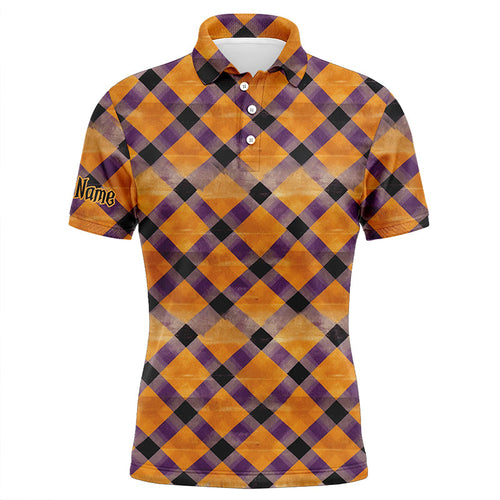 Mens golf polo shirts custom purple and orange Halloween argyle pattern golf apparel for men NQS8139