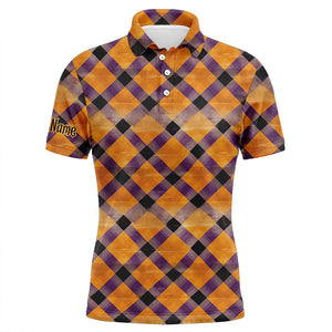 Mens golf polo shirts custom purple and orange Halloween argyle pattern golf apparel for men NQS8139