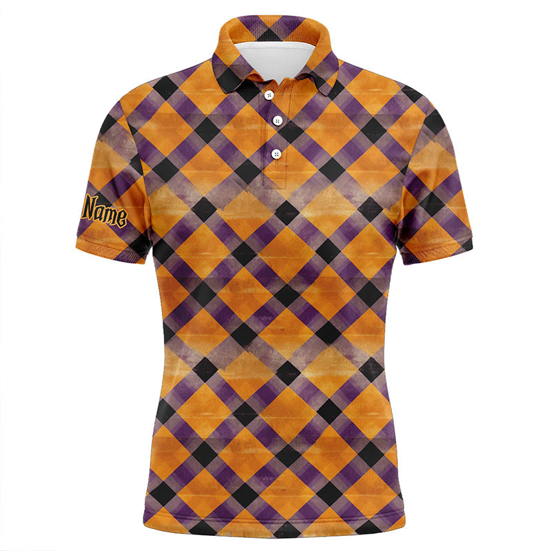 Mens golf polo shirts custom purple and orange Halloween argyle pattern golf apparel for men NQS8139