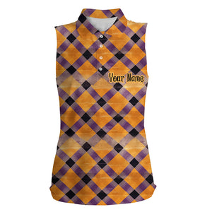 Women sleeveless polo shirt custom purple and orange Halloween argyle pattern golf apparel for ladies NQS8139