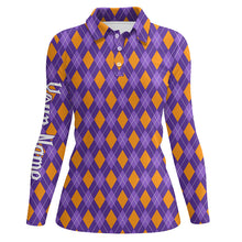 Load image into Gallery viewer, Orange and Purple argyle Halloween pattern custom Womens golf polo shirts, golf attire for women NQS8142