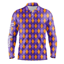 Load image into Gallery viewer, Orange and Purple argyle Halloween Seamless pattern custom Mens golf polo shirts, golf attire for men NQS8142