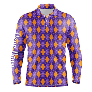 Orange and Purple argyle Halloween Seamless pattern custom Mens golf polo shirts, golf attire for men NQS8142