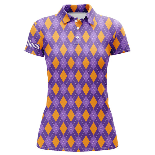 Orange and Purple argyle Halloween pattern custom Womens golf polo shirts, golf attire for women NQS8142