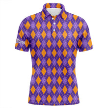 Load image into Gallery viewer, Orange and Purple argyle Halloween Seamless pattern custom Mens golf polo shirts, golf attire for men NQS8142