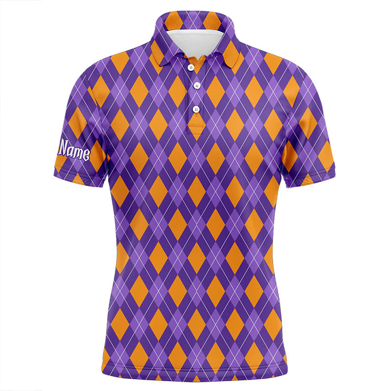 Orange and Purple argyle Halloween Seamless pattern custom Mens golf polo shirts, golf attire for men NQS8142