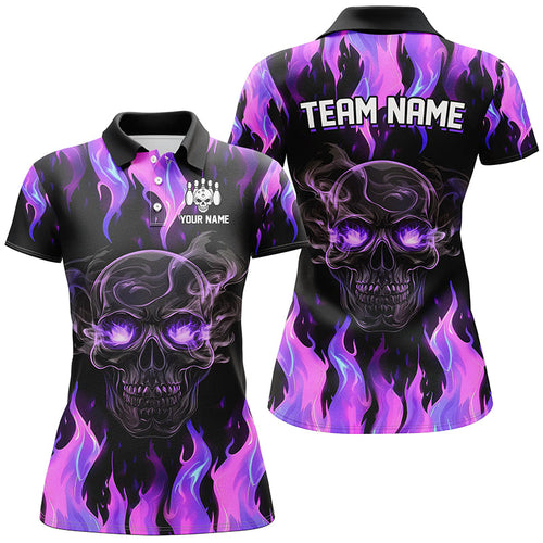 Purple Flame Skull Bowling Polo, 1/4 Zip Shirts For Women Custom Team Bowling Jersey Halloween Outfits NQS8368